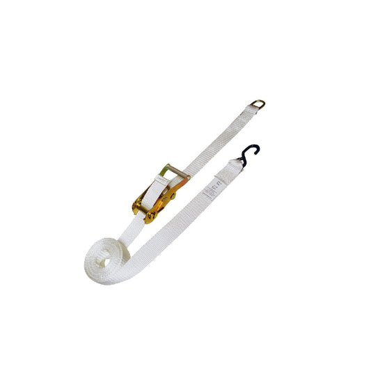 TS04-515FH203WH02 15' Foot White Ratchet Strap with S-Hook | Polyester Tie Down | 2" Inch Width | White | for Tying Down Canopy Tents, Inflatables, and Securing Cargo
