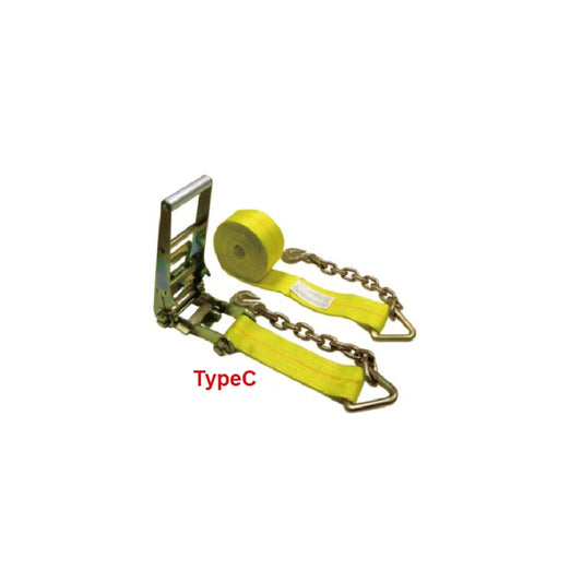 RT20R-1527-F87 3" x27' Ratchet Strap Tie Down Kit with Chain Extension and Ratchet Handles Tie Down System for Tow Truck Car Hauler Carrier, Working Load Limit 5000 LBS, Yellow