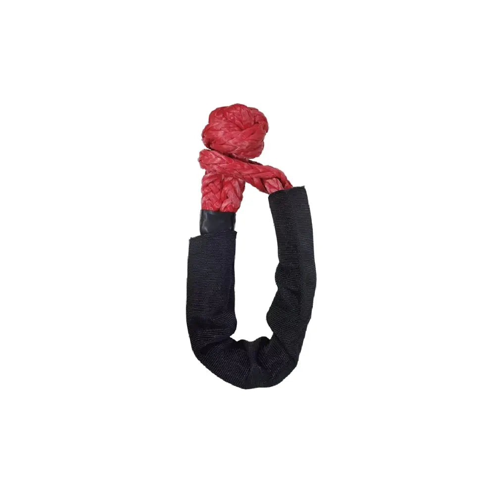 Red synthetic soft shackle with black protective sleeve for safe off-road vehicle recovery