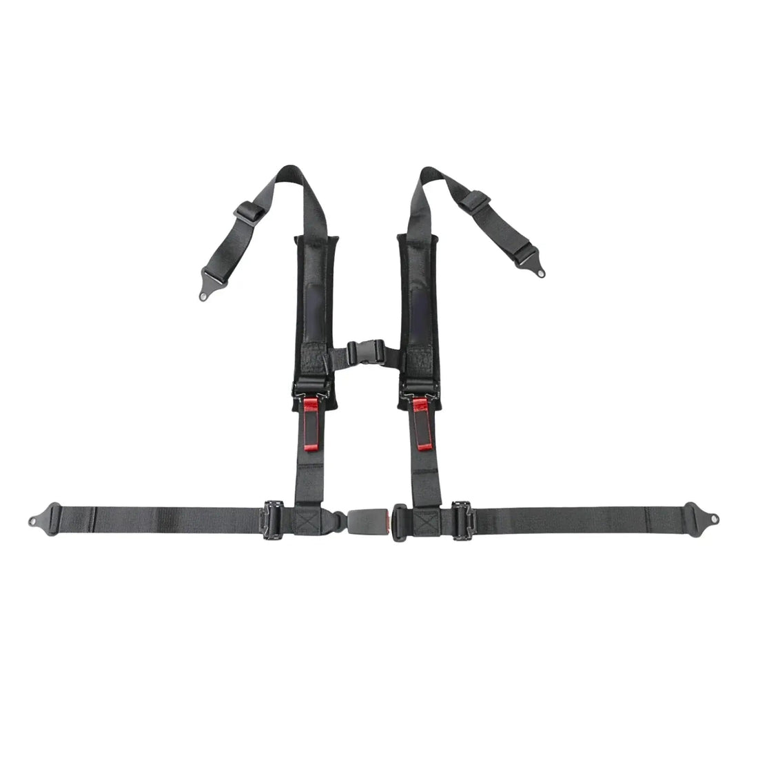 Black 4-point racing safety harness with shoulder and lap belts for off-road vehicles