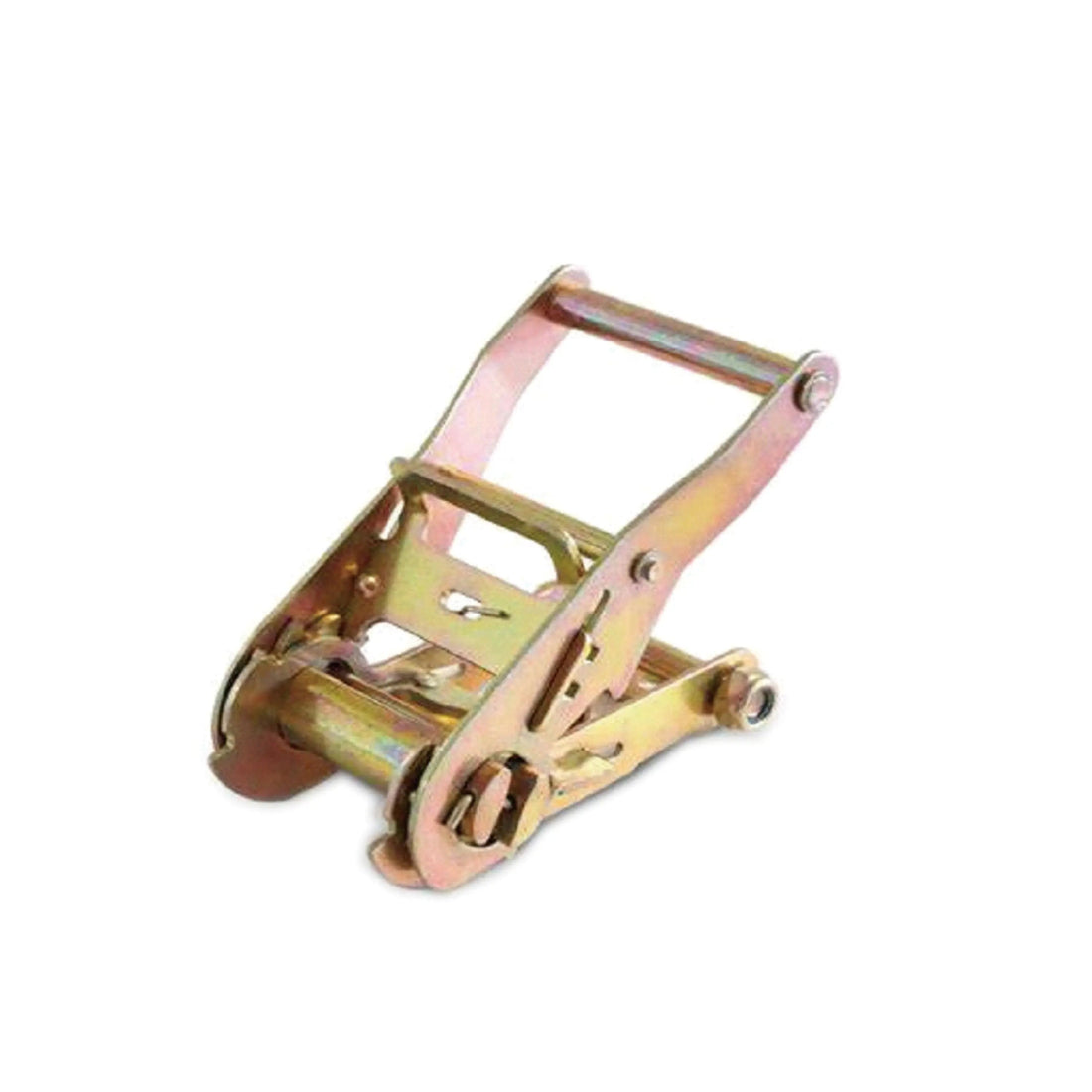 Heavy-duty metal ratchet buckle mechanism showing the handle and spool for cargo tie-down straps