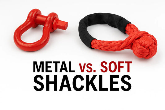 Side-by-side comparison of a red forged steel D-shackle and a synthetic soft shackle for cargo securement and recovery