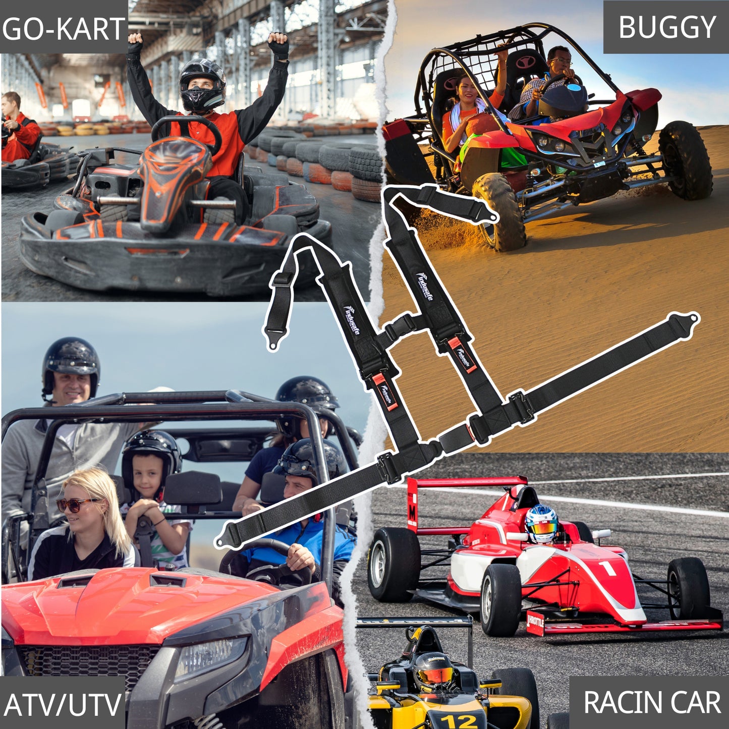 4 Point Harness with Ez-Buckle and Padding, 2 Inch Padding with Sternum Strap Fits all Side by Sides, UTV, 4x4, Go Cart, Buggy (Black)