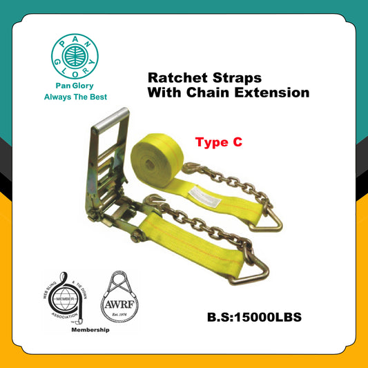 3 Inch Heavy Duty Yellow Ratchet Strap with Chain Extensions and Clevis Grab Hooks, Heavy Duty Trailer Winch Strap for Safe Cargo Securement