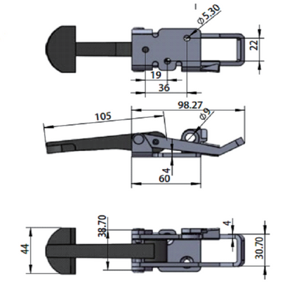 Loquet à poignée en T doublé de caoutchouc A10846S/A10846 : acier inoxydable 304 zingué, robuste, pour le verrouillage de remorques et d'équipements.