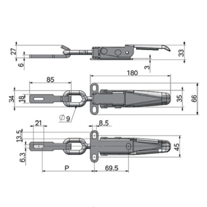 A10804K-1/A10804K-2 Cierre de hebilla para remolque de alta resistencia, multiusos, color plata, diseño resistente para anclaje seguro y estabilidad.