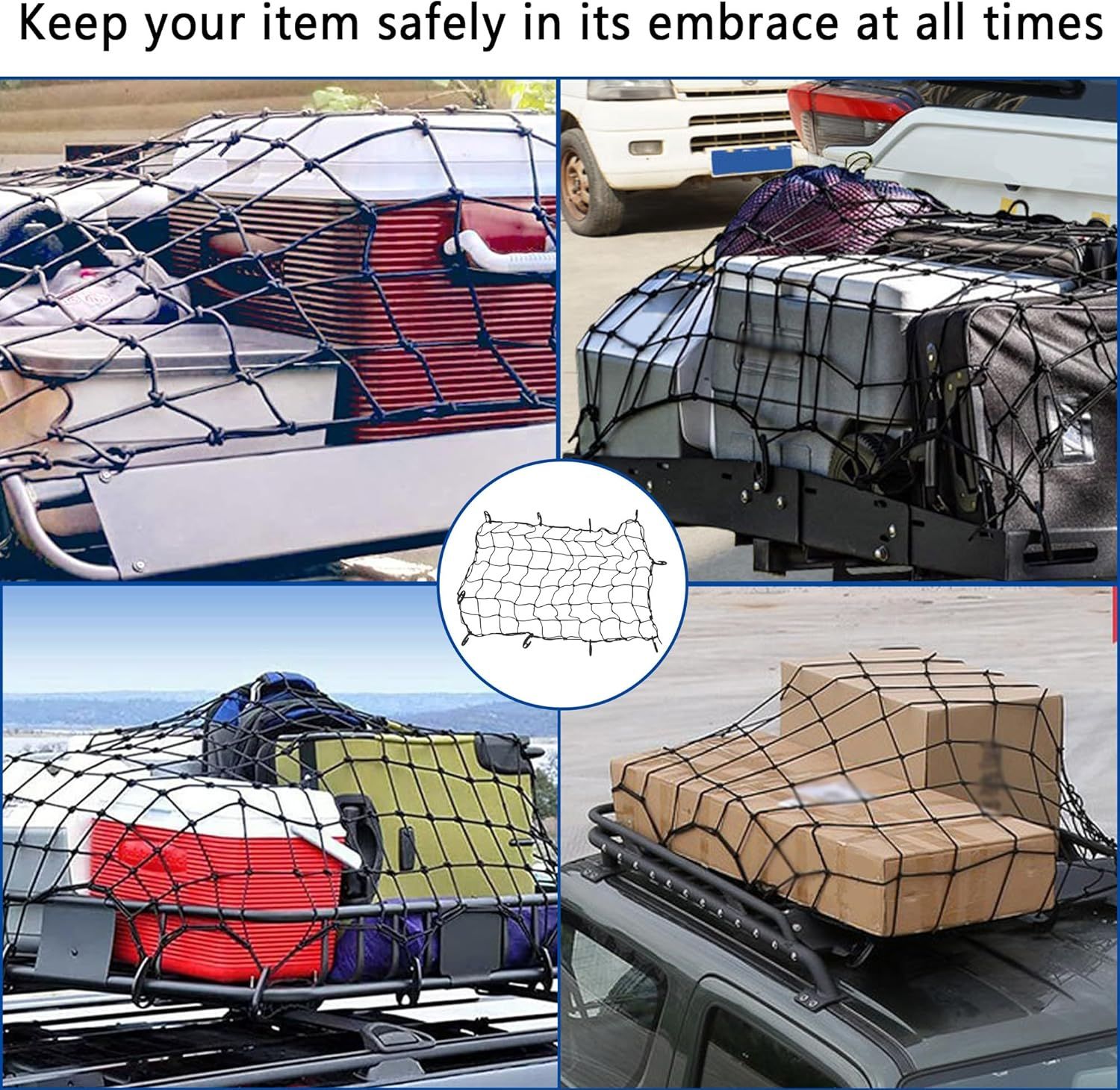 ENC03 Cargo Net - Large Capacity Elastic Truck Bed Cargo Net Roof Rack Net with 15 Adjustable Hooks - Universal Accessories Bungee Net Fits Car Truck Pickup SUV