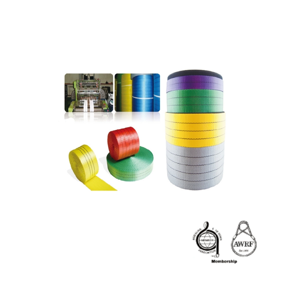 Personnalisation possible : sangle en polyester, rouleau de sangle renforcée, sangle plate pour la manutention d'équipements industriels et l'arrimage de marchandises.