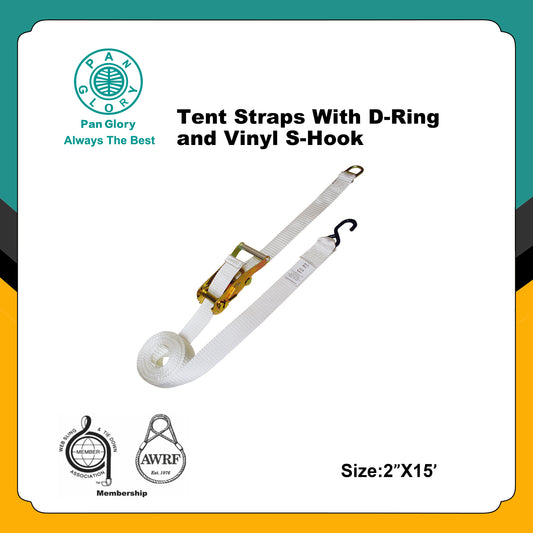 2''X15' White Ratchet Strap with S-Hook, Polyester Tie Down for Tying Down Canopy Tents, Inflatables, and Securing Cargo